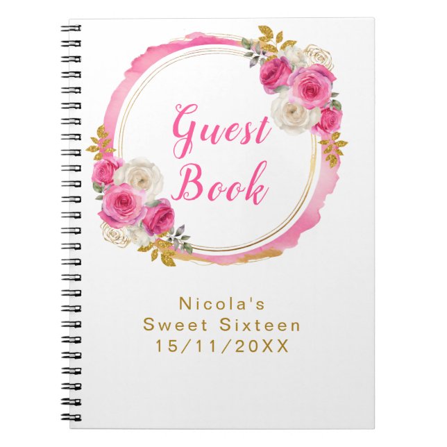 Caderno Espiral Hot Pink and Gold Elegant Flowers Sweet Sixteen (Frente)