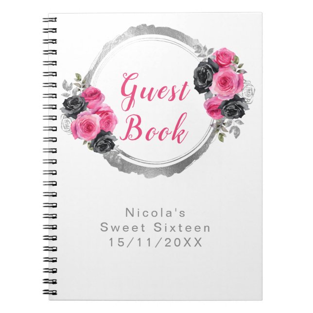 Caderno Espiral Hot Pink and Silver Elegant Flowers Sweet Sixteen (Frente)