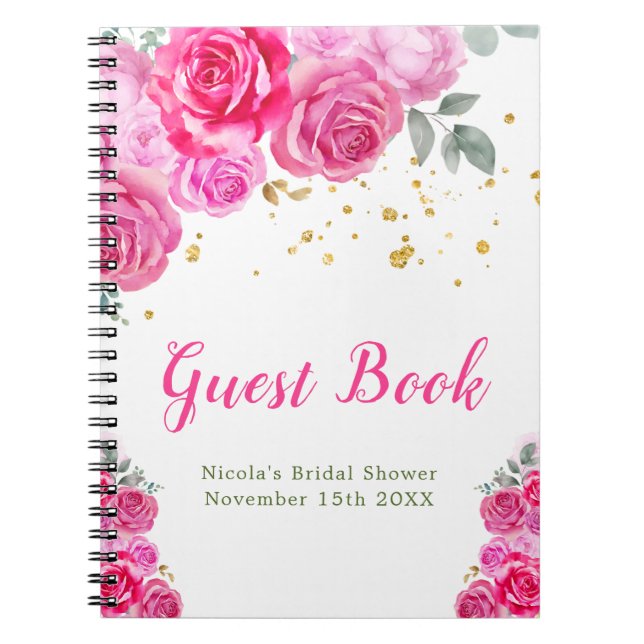 Caderno Espiral Hot Pink Floral Bridal Shower Guest Book (Frente)