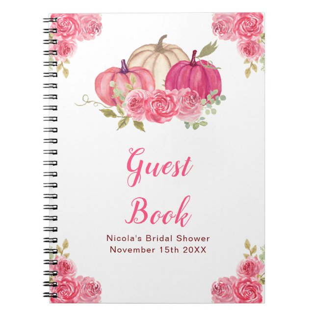 Caderno Espiral Hot Pink Floral Pumpkins Bridal Shower Guest Book (Frente)
