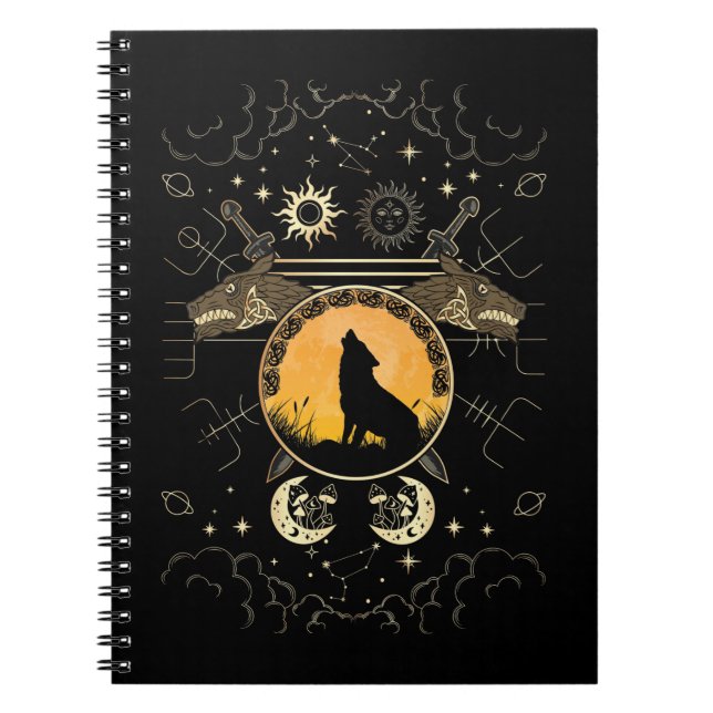 Caderno Espiral Howling Celtic Wolf Mythology Swords (Frente)