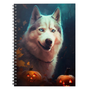 Caderno Espiral Husky Siberiano de Halloween com Abóboras Assustad