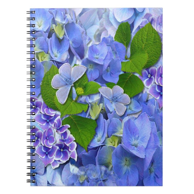 Caderno Espiral Hydrangeas azuis e borboletas (Frente)