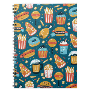 Caderno Espiral Ícones de Fast Food Vintage em Padrão Contínuo. Re