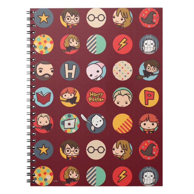 Caderno Espiral Ícones de Harry Potter em Padrão de Desenho Animad (Frente)