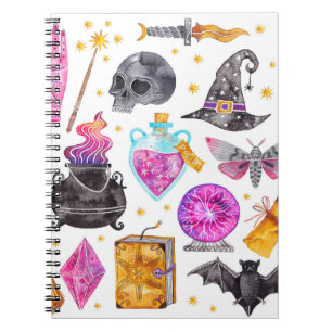 Caderno Espiral Ícones mágicos de aquarela. Desenho manual, rabi