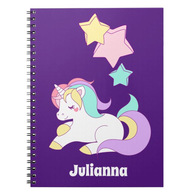 Caderno Espiral Ideias bonito do Unicórnio Roxo, Cute Unicorn (Frente)