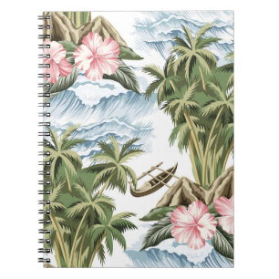 Caderno Espiral Ilha de colheita havaiana, palmeira, barco, rosa