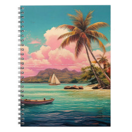 Caderno Espiral Ilha de colheita havaiana, palmeira, barco, rosa