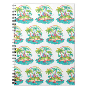Caderno Espiral Ilha Tropical com Palmeiras e Arco-Íris