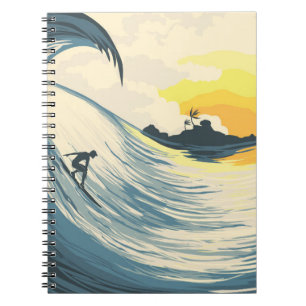Caderno Espiral Ilha tropical, onda, pôr do sol.
