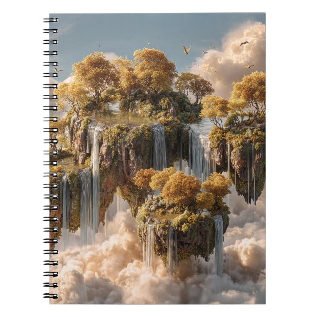 Caderno Espiral Ilhas Flutuantes Surreais Com Árvores Douradas (Frente)