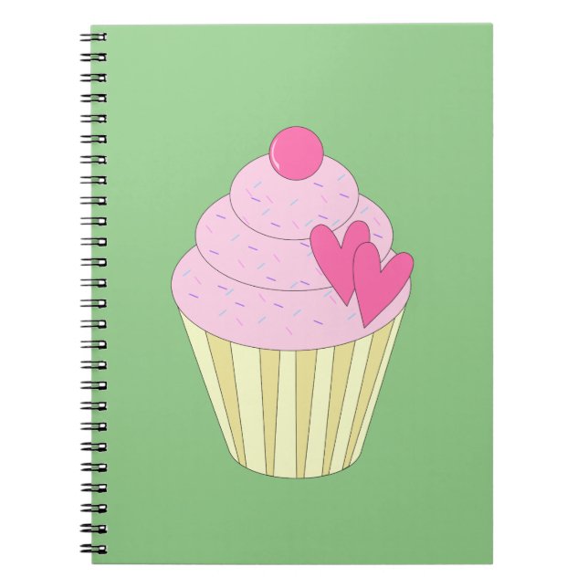 Caderno Espiral illusima Cupcake de Morango - Fundo Verde (Frente)