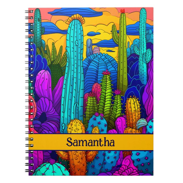 Caderno Espiral Ilustração Brilhante de Neon Cactus Vibrant no Sud (Frente)