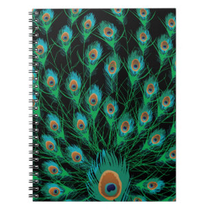 Caderno Espiral Ilustração com as penas do pavão no preto