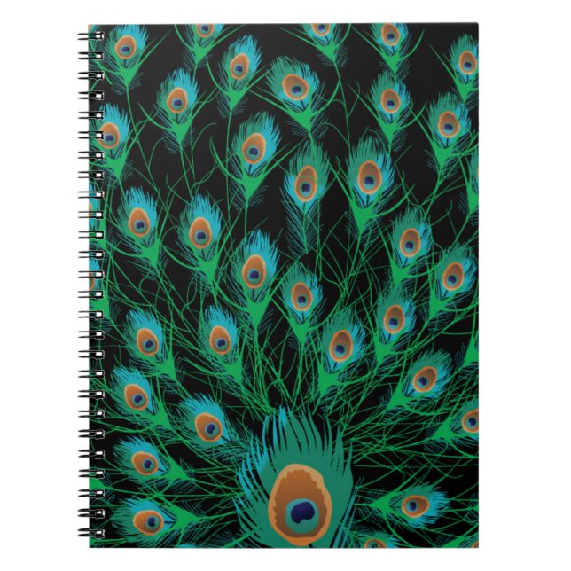 Caderno Espiral Ilustração com as penas do pavão no preto (Frente)