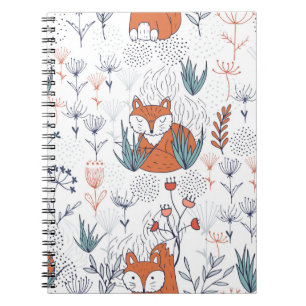 Caderno Espiral Ilustração da floresta infantil, raposas e flores.