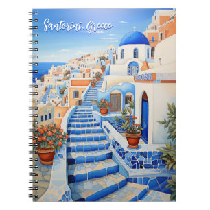 Caderno Espiral Ilustração da Ilha Santorini Viagem Art
