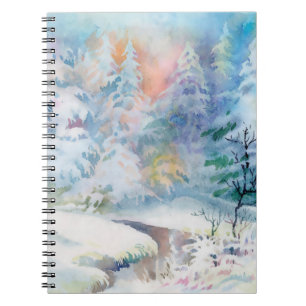 Caderno Espiral Ilustração da paisagem invernal em aquarela