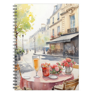 Caderno Espiral Ilustração de aquarela Chic Parisiense Cafe