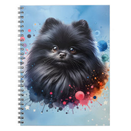 Caderno Espiral Ilustração de aquarela pomeraniana preta