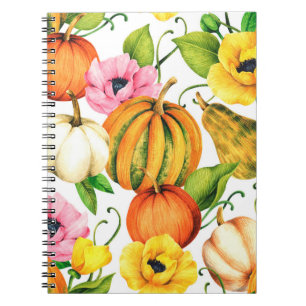 Caderno Espiral Ilustração de aquarelas com abóboras e girassol