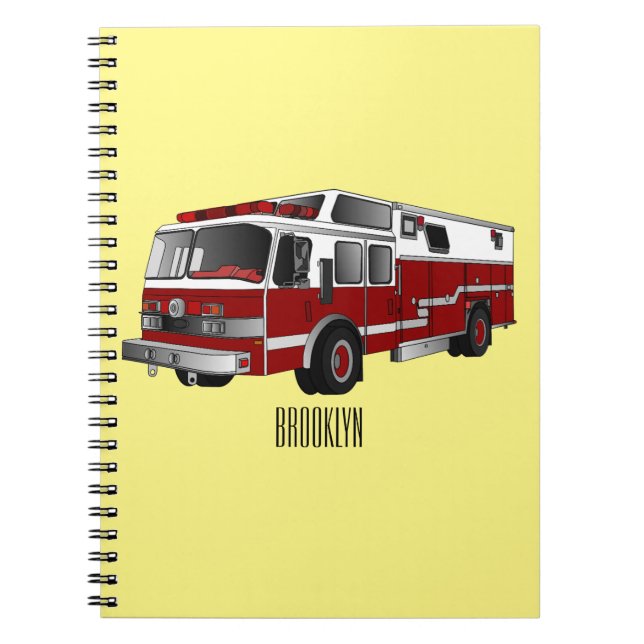 Caderno Espiral Ilustração de desenho animado do motor de incêndio (Frente)
