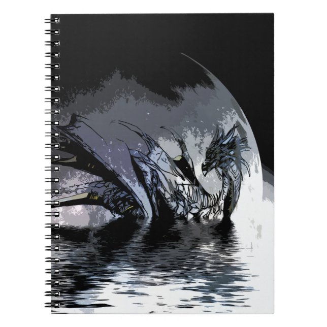 Caderno Espiral Ilustração de Dragão Azul e Lua   (Frente)