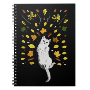 Caderno Espiral Ilustração de gato branco com folhas de outono
