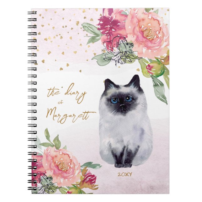 Caderno Espiral Ilustração de Gato Siamês Flores Diário Diário da  (Frente)