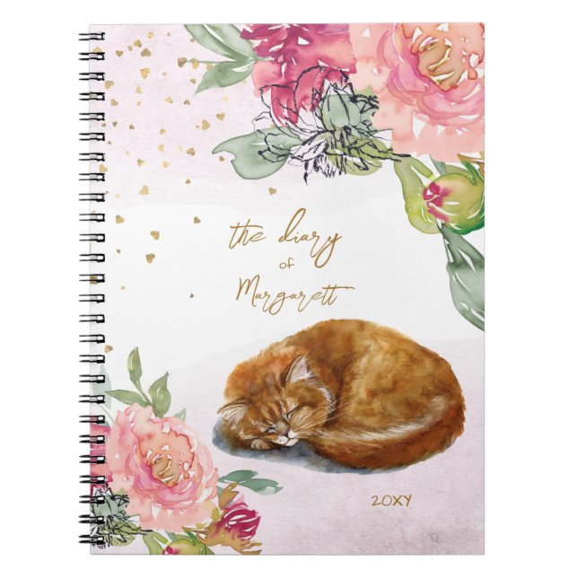 Caderno Espiral Ilustração de Gato Sonolento Rapariga Flor Diário  (Frente)