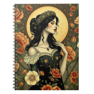 Caderno Espiral Ilustração de Mulher Floral Art Nouveau