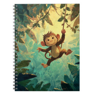Caderno Espiral Ilustração Divertida de Macaco Balançando na Selva
