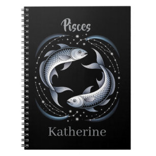 Caderno Espiral Ilustração do Signo de Peixes com Nome Personaliza
