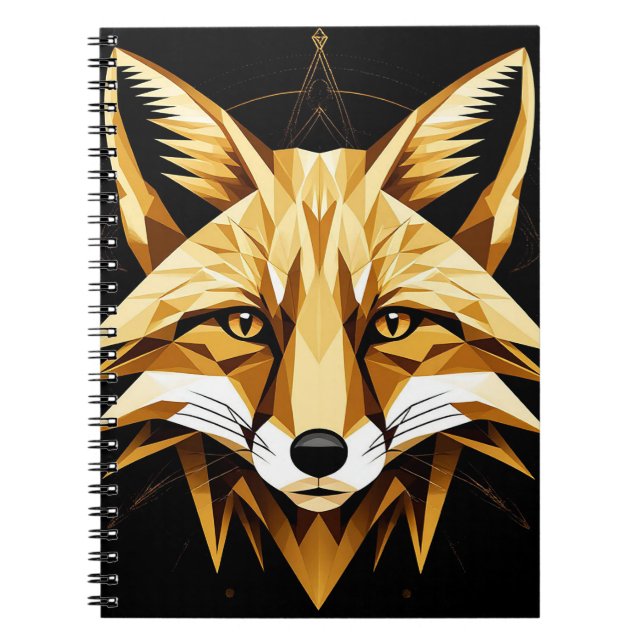 Caderno Espiral Ilustração Geométrica de Raposa com Tons Dourados (Frente)
