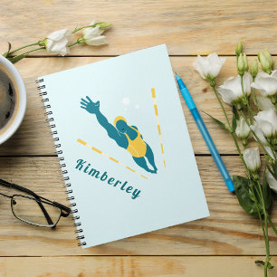 Caderno Espiral Ilustração Nadadora Nadação Nome Personalizado Esp