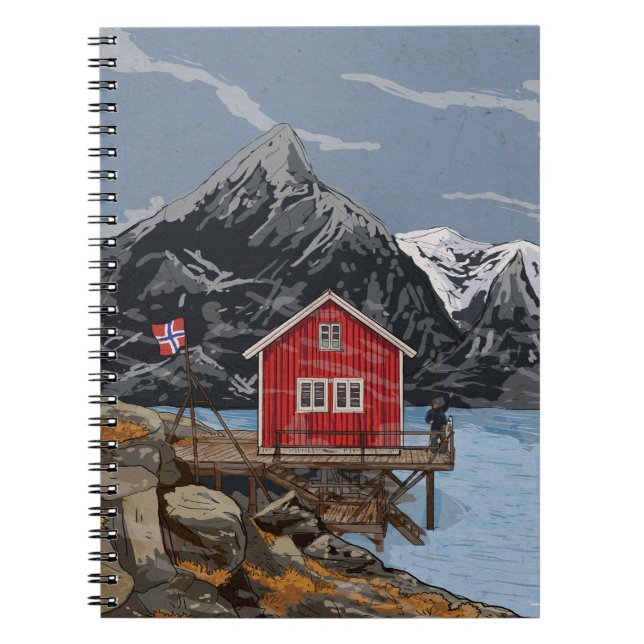 Caderno Espiral Ilustração paisagística de Rorbu Lofoten Bergen No (Frente)