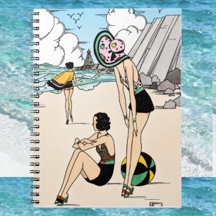 Caderno Espiral Ilustração Vintage Art Déco da Praia Anos 20 Coste