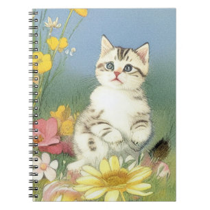 Caderno Espiral Ilustração Vintage Kitten com Flores Amarelas