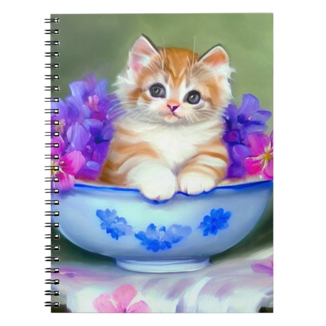 Caderno Espiral Ilustração Vintage Laranja e White Kitten (Frente)