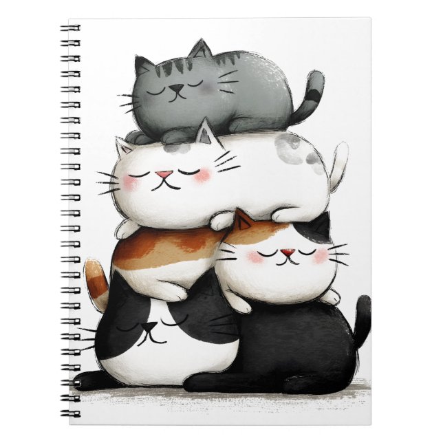Caderno Espiral Ilustração Whimsical de uma Pilha de Gatos Adoráve (Frente)