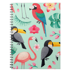 Caderno Espiral Ilustrações em aquarela de aves, flores tropicais