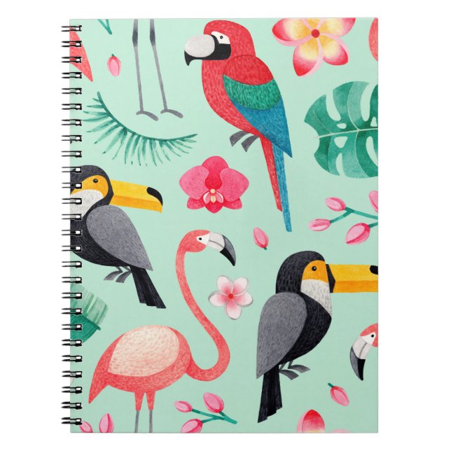 Caderno Espiral Ilustrações em aquarela de aves, flores tropicais (Frente)