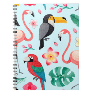 Caderno Espiral Ilustrações em aquarela de aves, flores tropicais