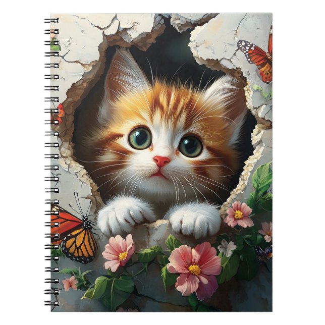 Caderno Espiral Imagem 3D de um gatinho fofo espiando (Frente)
