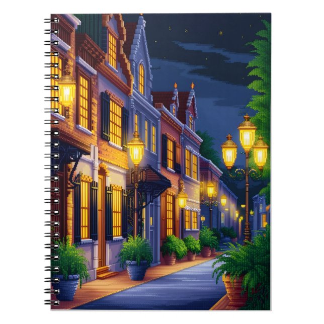 Caderno Espiral Imagem de Pixel de uma rua serena na cidade (Frente)