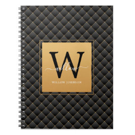 Caderno Espiral Imagem inicial do monograma Dourado preto elegante