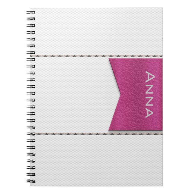 Caderno Espiral Imitación de cuero blanco,costuras,label rosa (Frente)