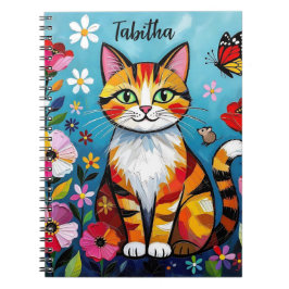Caderno Espiral Impasto Cat, Flowers & Butterfly Personalized