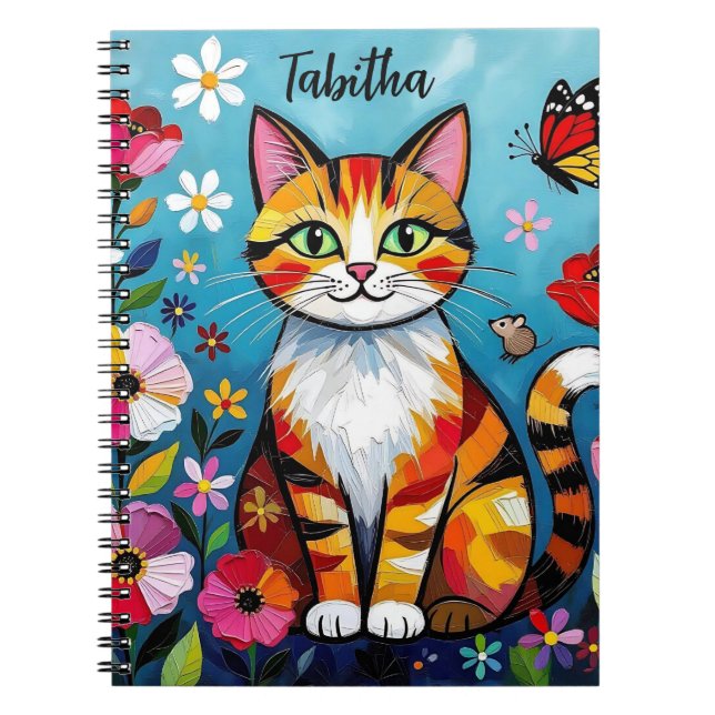 Caderno Espiral Impasto Cat, Flowers & Butterfly Personalized (Frente)